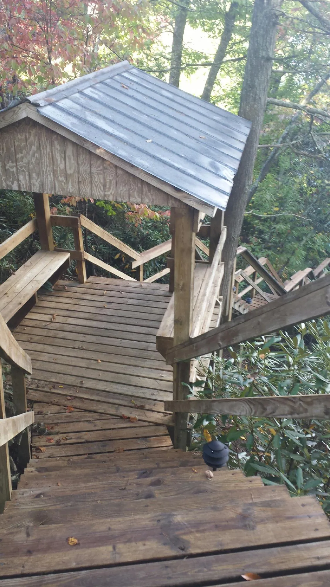 Metal roofed shelter over wooden steps on a wooded walkway — Skylight Repair & Installation work by our crew in Paw Paw